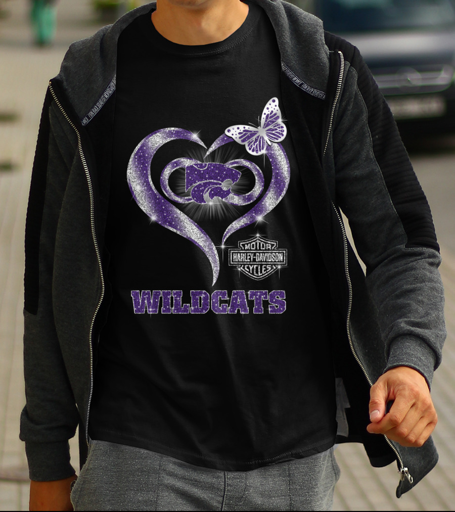 Kansas State Wildcats Heart Butterfly Harley Davidson Motor Cycles T-Shirt