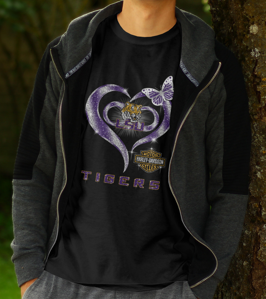 Lsu Tigers Harley Davidson Heart Butterfly T-Shirt