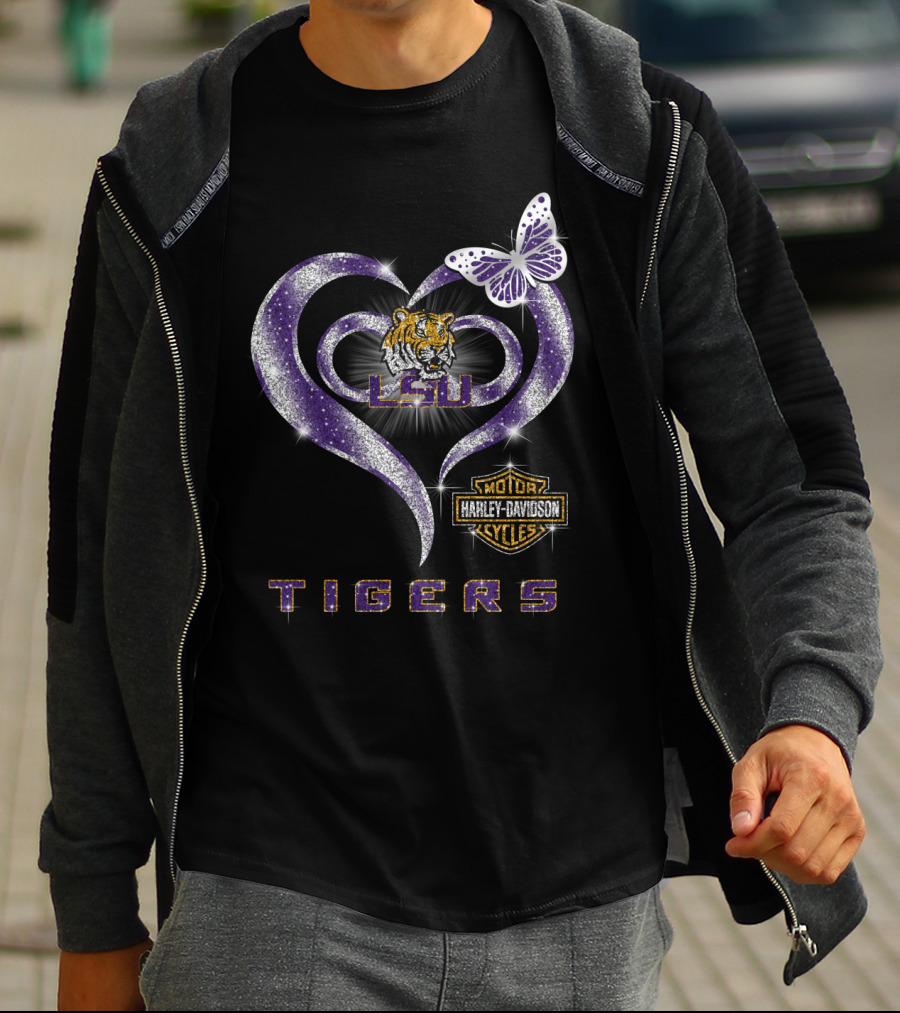 Lsu Tigers Harley Davidson Heart Butterfly T-Shirt