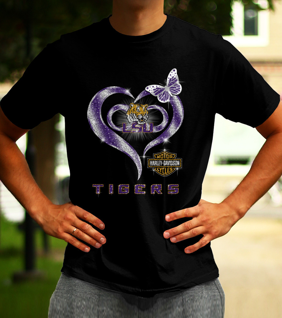 Lsu Tigers Harley Davidson Heart Butterfly T-Shirt