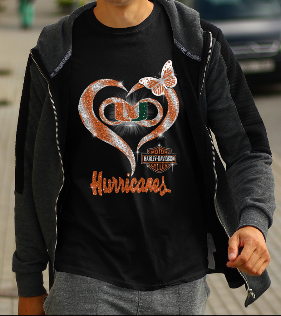 Miami Hurricanes U Heart Harley Davidson Butterfly Sparkle T-Shirt