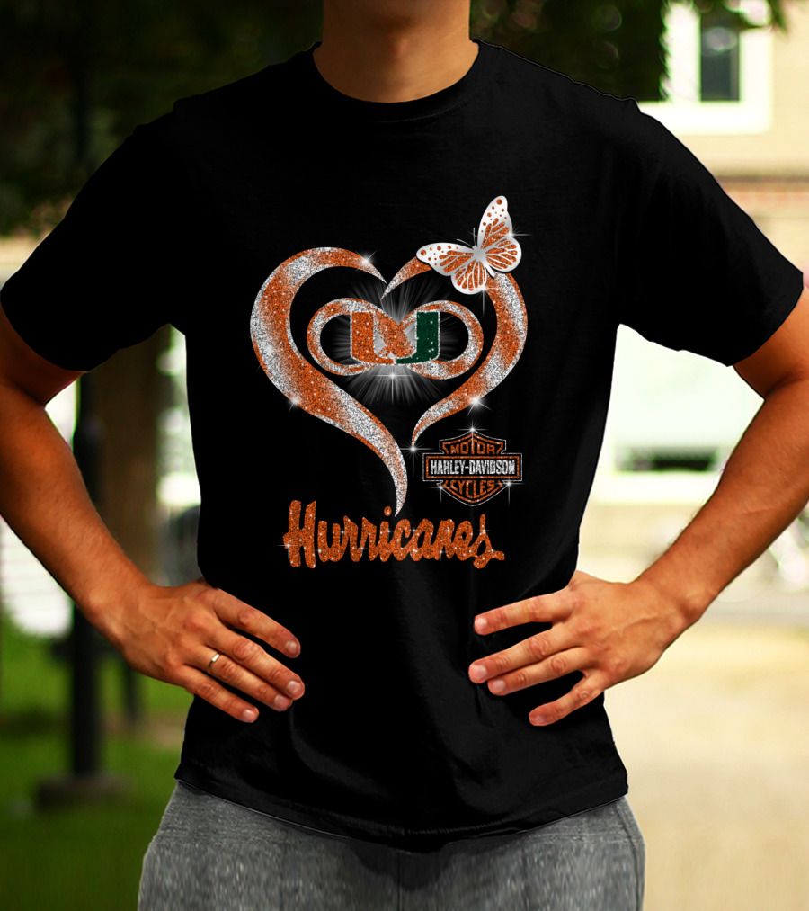 Miami Hurricanes U Heart Harley Davidson Butterfly Sparkle T-Shirt