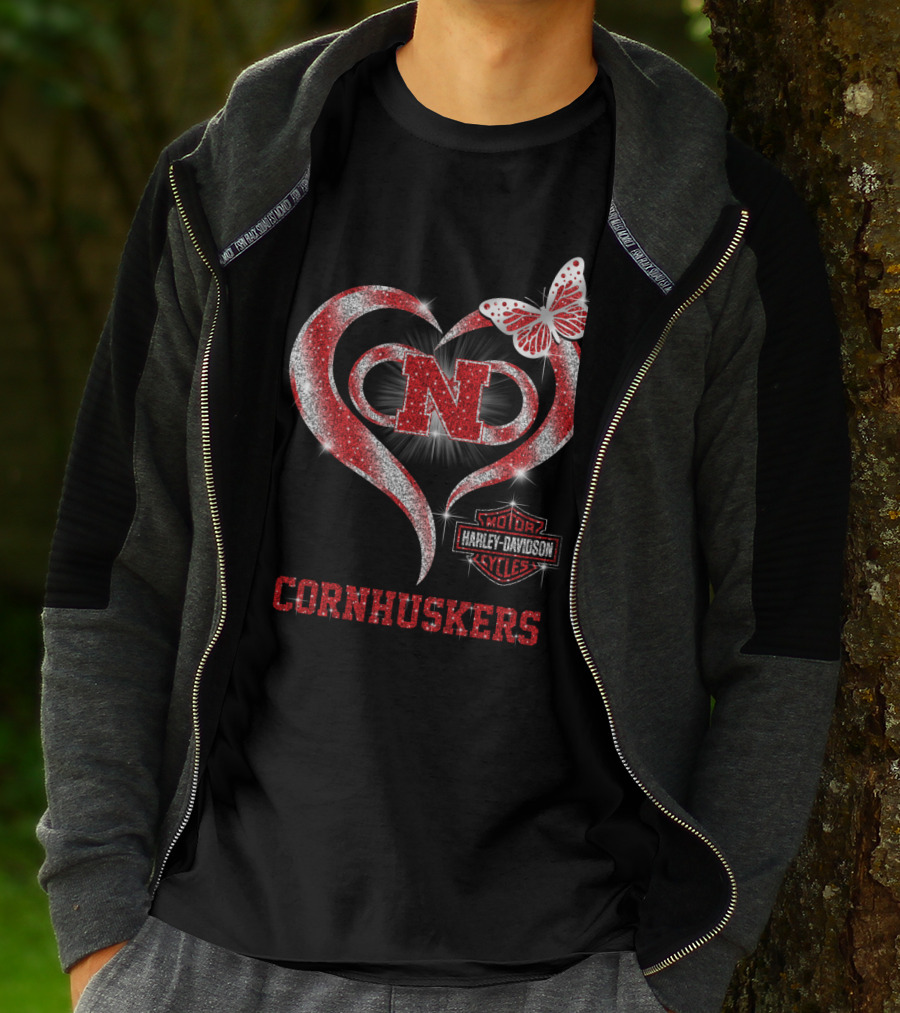 Nebraska Cornhuskers Heart Butterfly Harley Davidson Styles T-Shirt