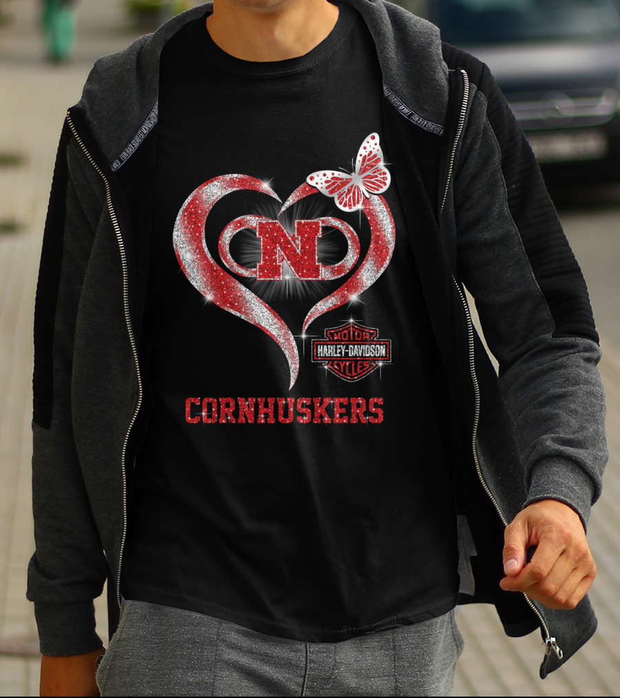 Nebraska Cornhuskers Heart Butterfly Harley Davidson Styles T-Shirt