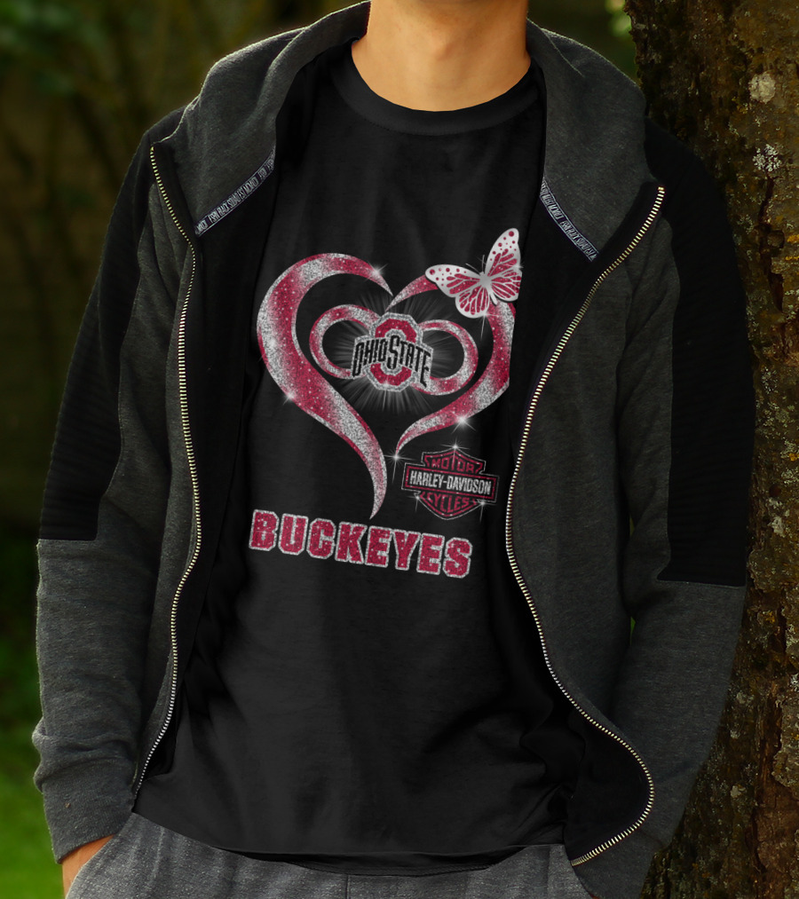 Ohio State Buckeyes Harley Davidson Heart Butterfly T-Shirt
