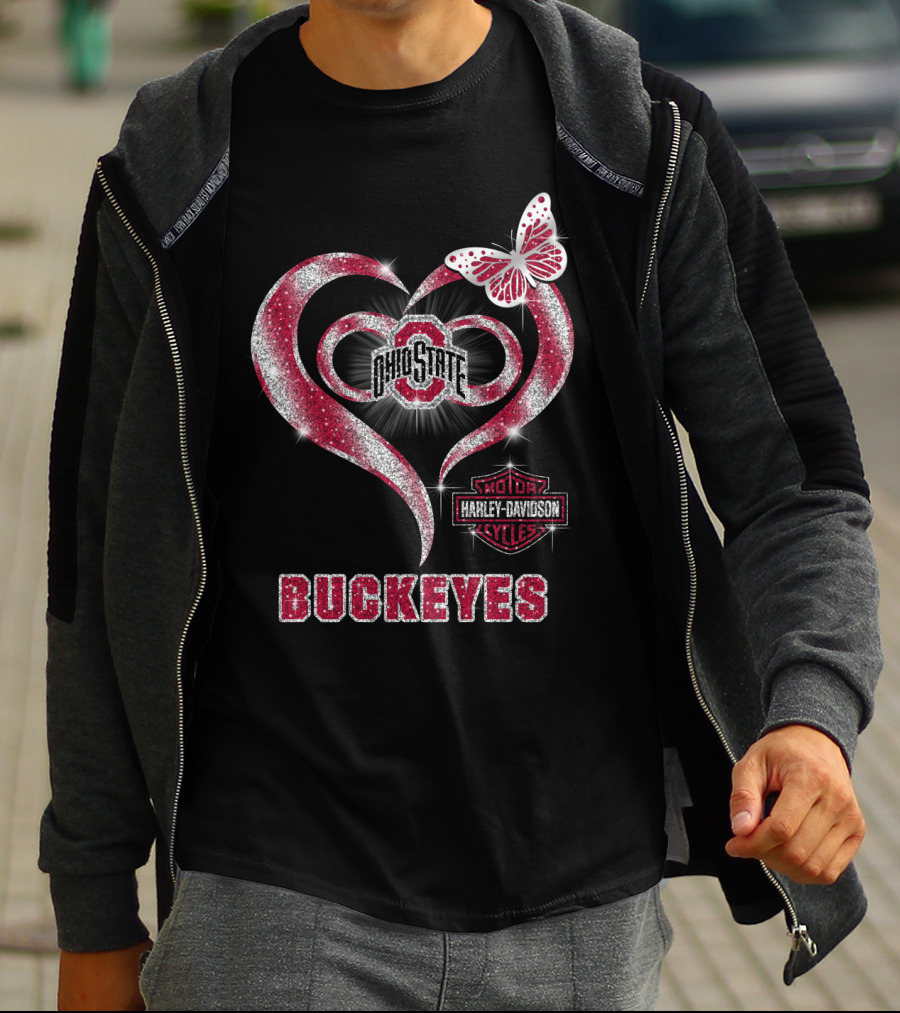 Ohio State Buckeyes Harley Davidson Heart Butterfly T-Shirt