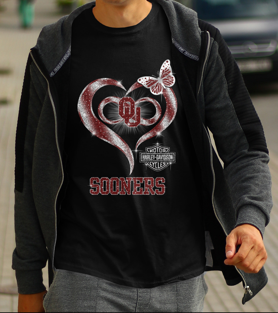 Ou Sooners Harley Davidson Heart Butterfly T-Shirt