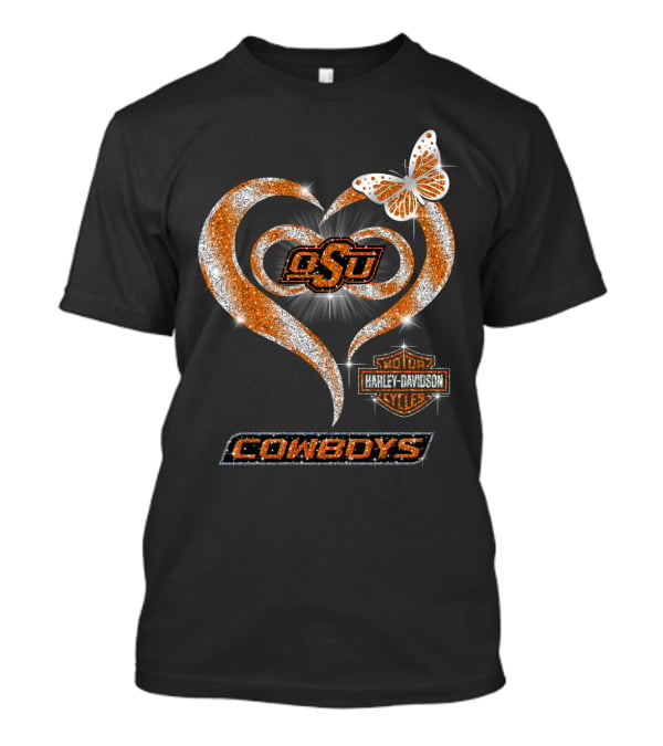 Osu Cowboys Heart Harley Davidson Sparkle Butterfly T-Shirt