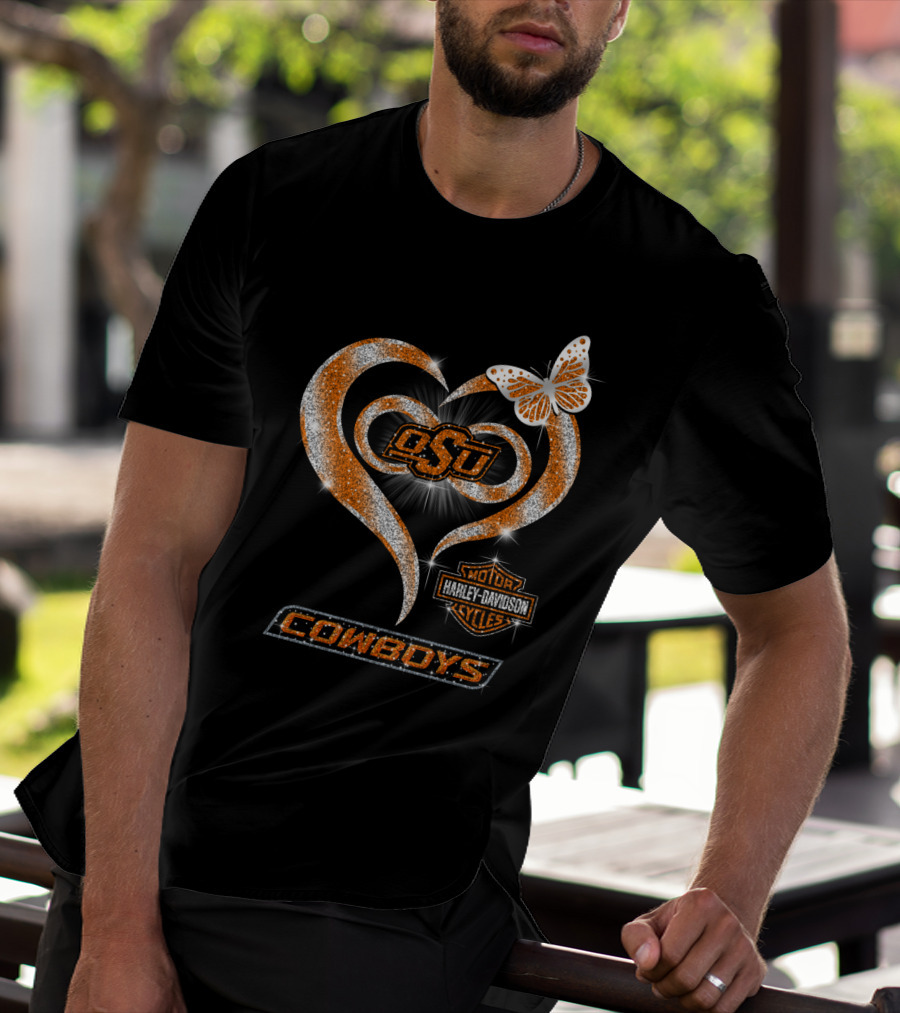 Osu Cowboys Heart Harley Davidson Sparkle Butterfly T-Shirt