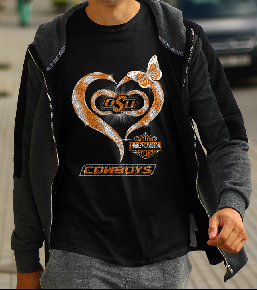 Osu Cowboys Heart Harley Davidson Sparkle Butterfly T-Shirt