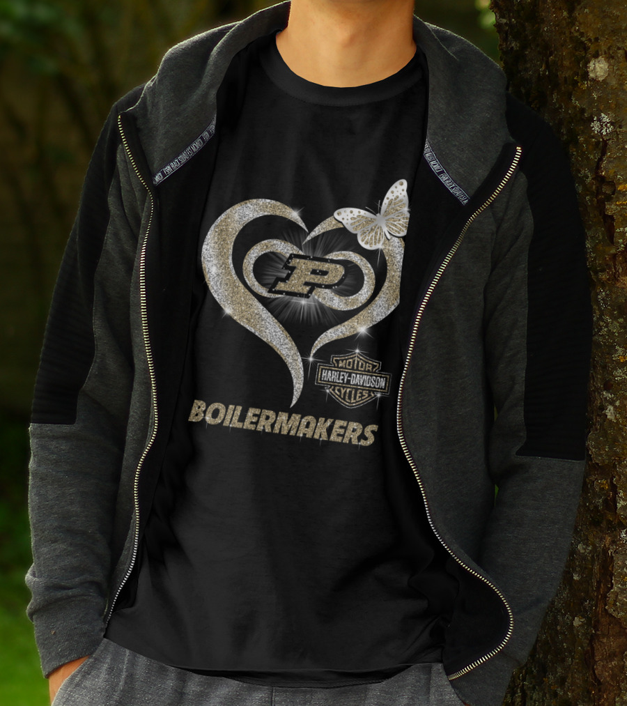 Purdue Boilermakers Harley Davidson Heart With Butterfly And P T-Shirt