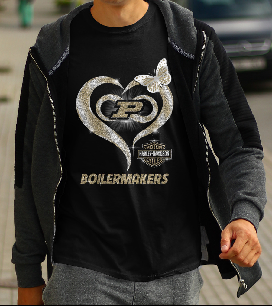 Purdue Boilermakers Harley Davidson Heart With Butterfly And P T-Shirt