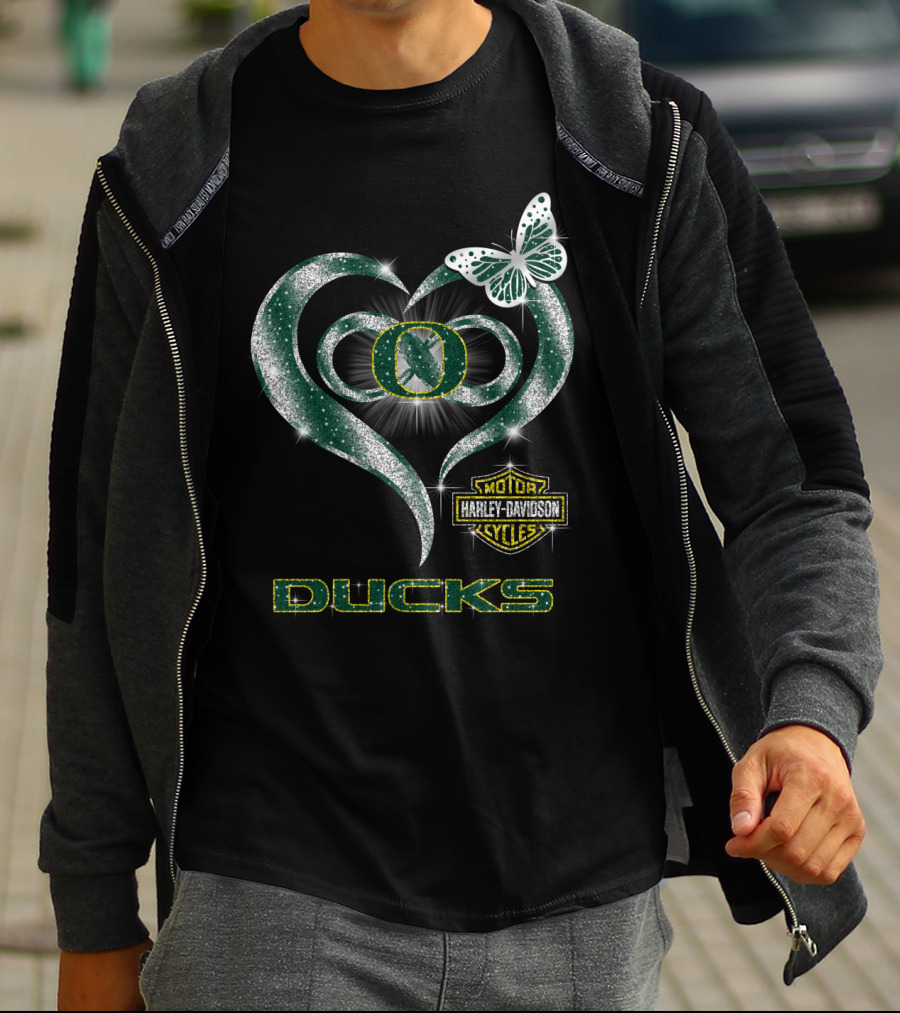 Hlh01 Oregon Ducks Harley Davidson Heart Butterfly T-Shirt