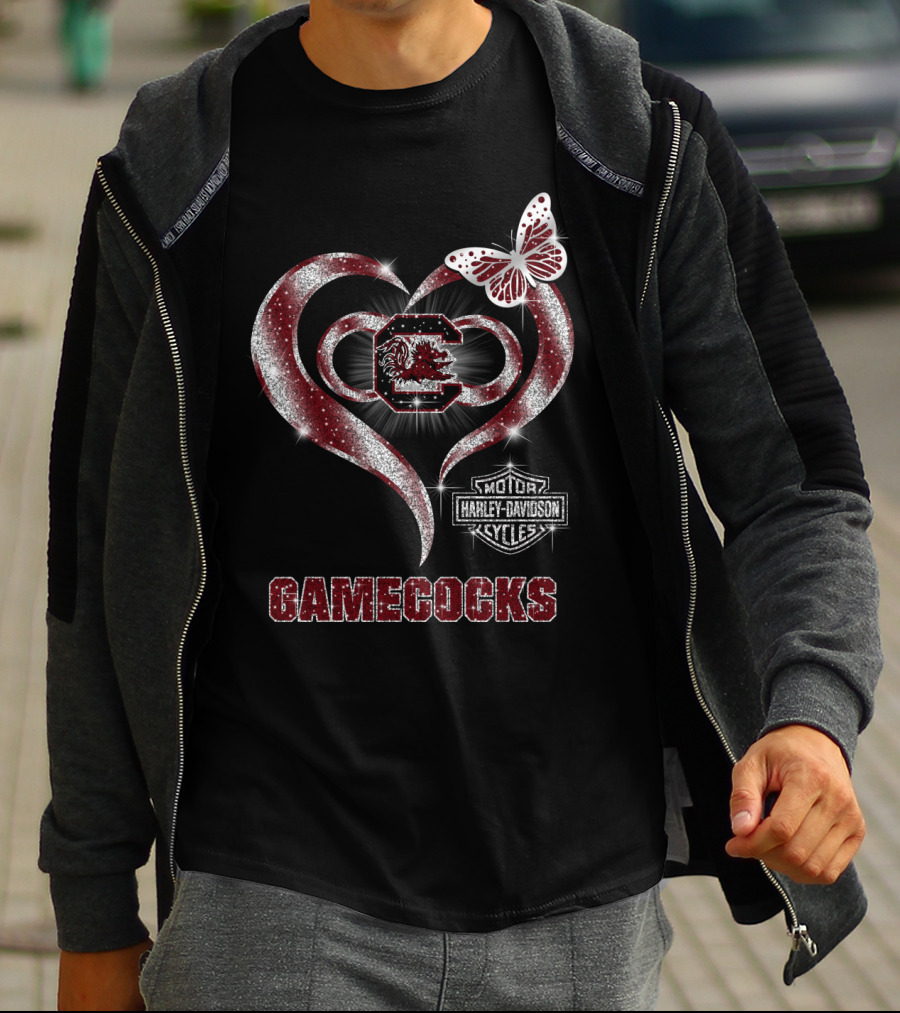 Harley Davidson Gamecocks Heart Butterfly Logo South Carolina T-Shirt