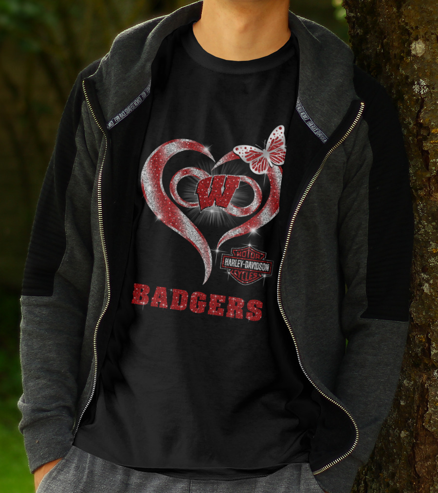 Wisconsin Badgers W Heart Harley Davidson Styles Butterfly T-Shirt