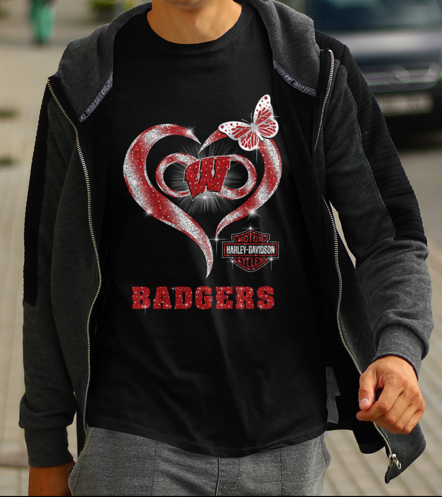 Wisconsin Badgers W Heart Harley Davidson Styles Butterfly T-Shirt