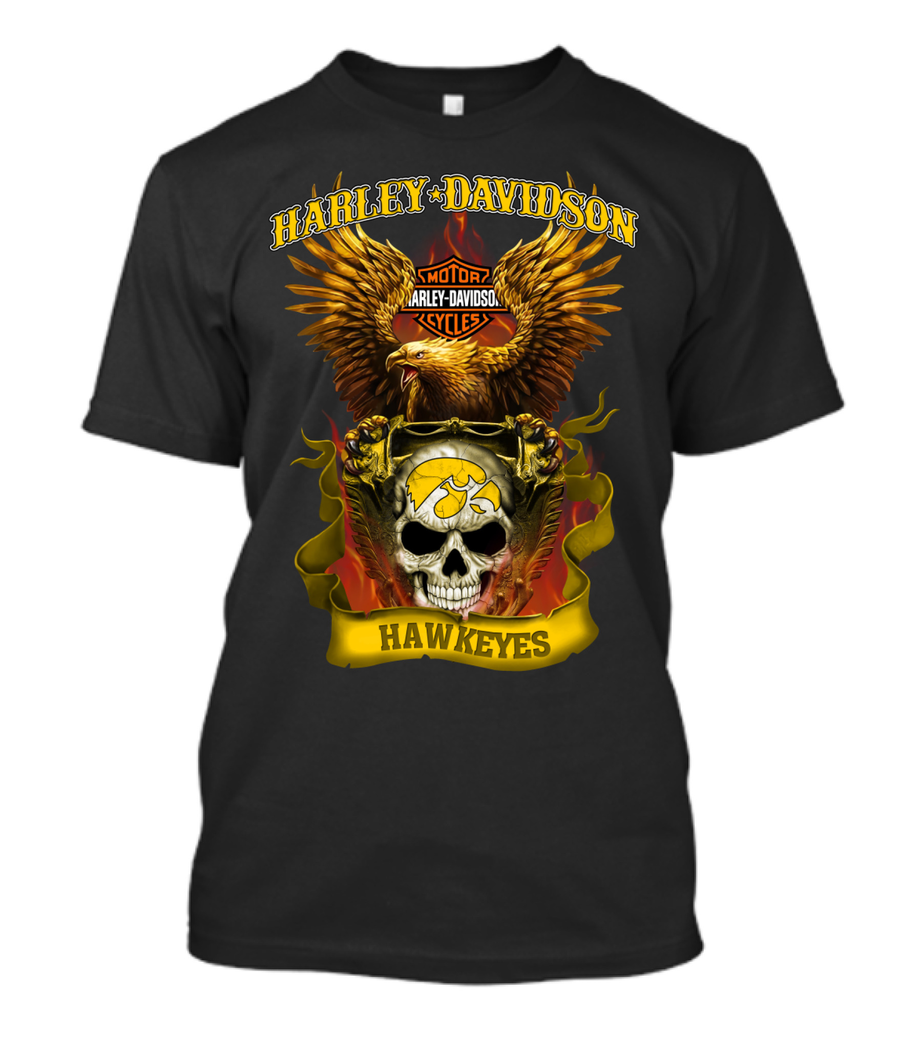Harley Davidson Motorcycles Hawkeyes Iowa Hawkeyes Eagle Skull Flame T-Shirt