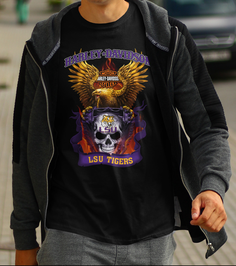 Harley Davidson Lsu Tigers Skull Eagle Motorcycles T-Shirt