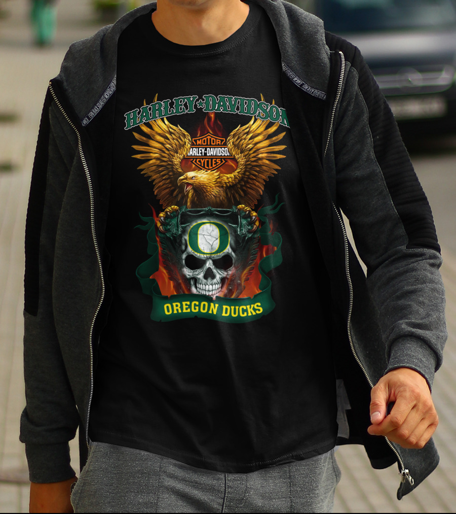 Harley Davidson Oregon Ducks Skull And Eagle T-Shirt