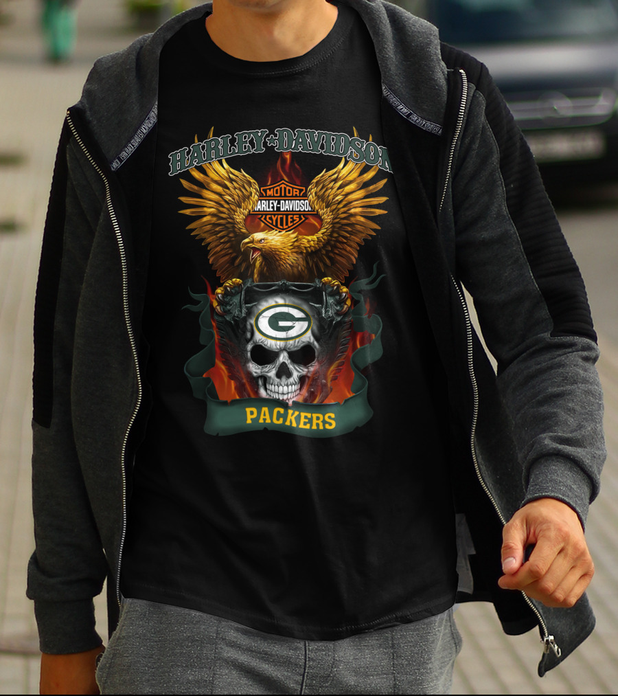 Harley Davidson Motorcycles Green Bay Packers Eagle Skull T-Shirt