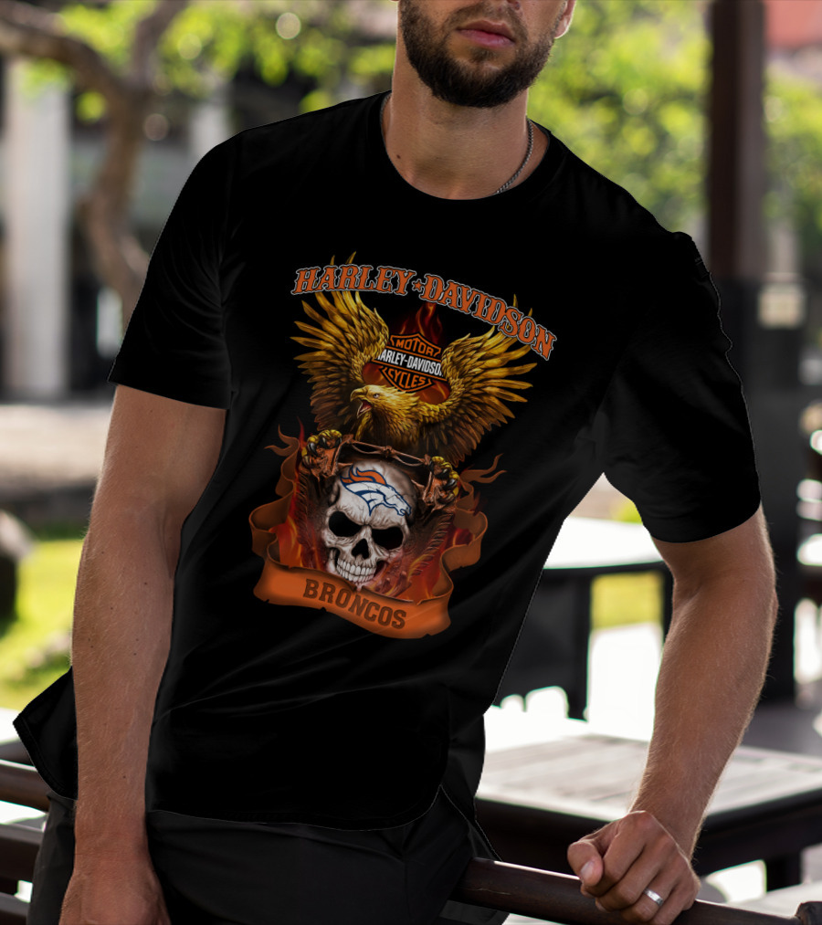 Harley Davidson Motor Cycles Broncos Eagle Skull T-Shirt