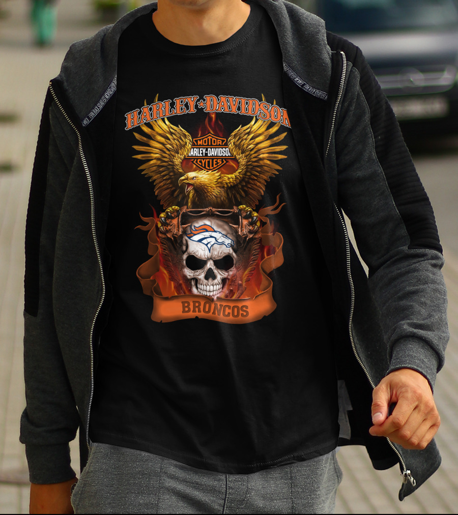 Harley Davidson Motor Cycles Broncos Eagle Skull T-Shirt