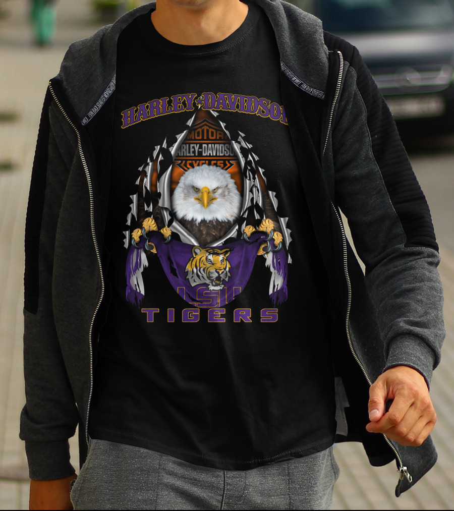 Harley Davidson Lsu Tigers Bald Eagle Rip Claw Effect T-Shirt