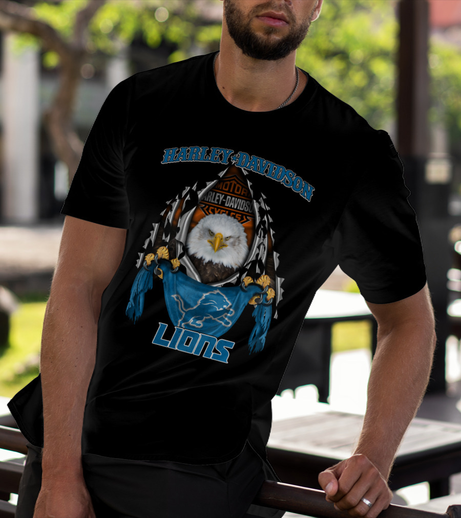 Harley Davidson Motor Cycles Eagle Detroit Lions T-Shirt