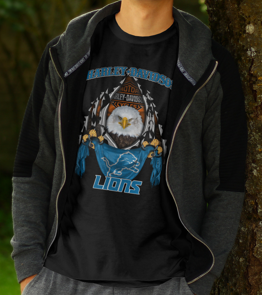 Harley Davidson Motor Cycles Eagle Detroit Lions T-Shirt