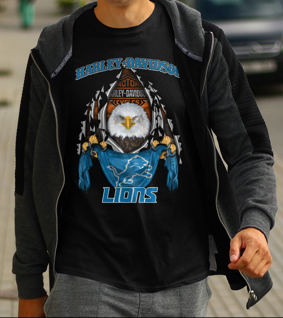 Harley Davidson Motor Cycles Eagle Detroit Lions T-Shirt
