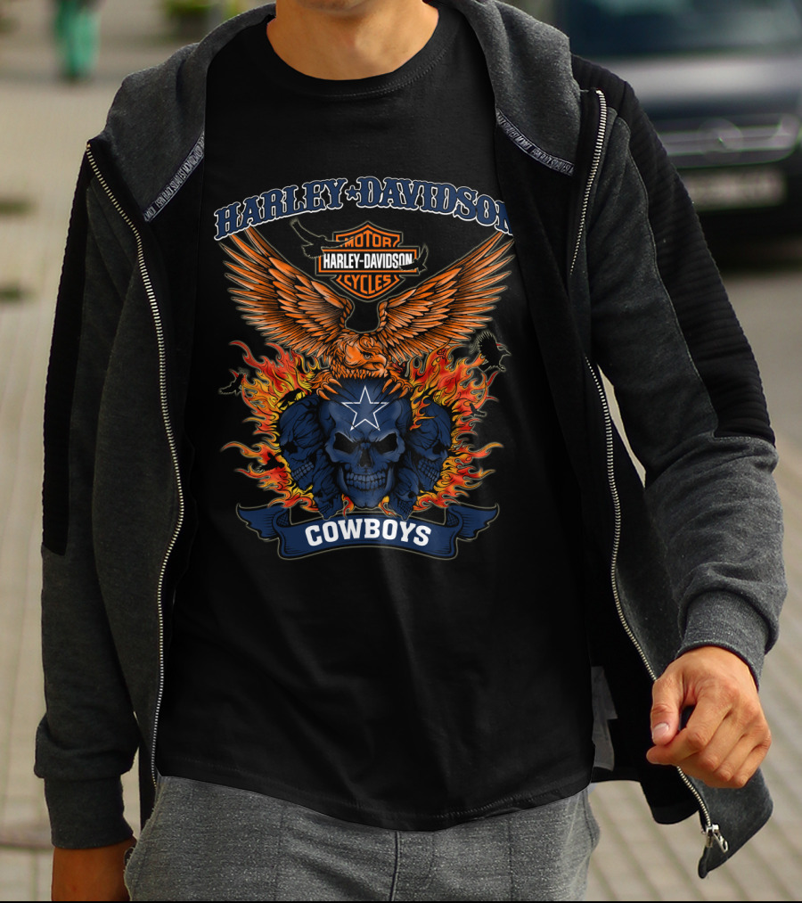 Harley Davidson Motorcycles Cowboys Skull Flames Eagle T-Shirt