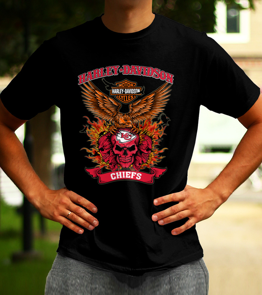 Harley Davidson Motor Cycles Kansas City Chiefs Skull Eagle Flames T-Shirt