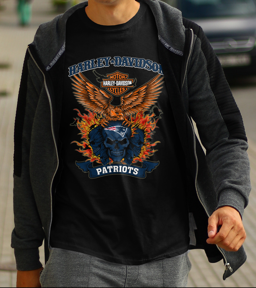Harley Davidson Motor Cycles Patriots New England Nfl Skull Fire Wings T-Shirt