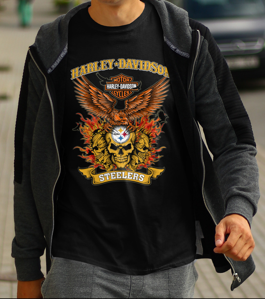 Harley Davidson Motorcycles Steelers Skull With Fire And Eagle 0304 Nfl Pittsburgh Steelers T-Shirt