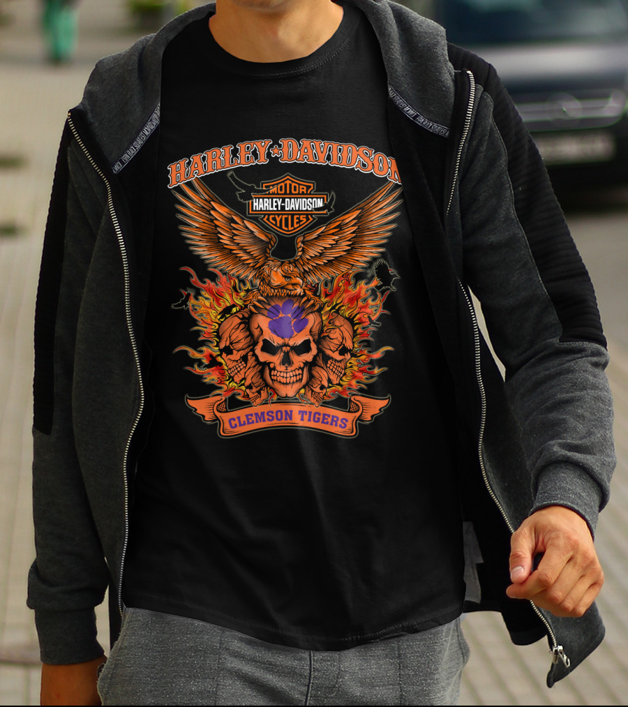 Harley Davidson Clemson Tigers Skull Flame Wings T-Shirt