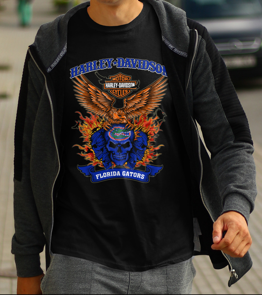 Harley Davidson Motorcycles Florida Gators Eagle Skull Flames T-Shirt