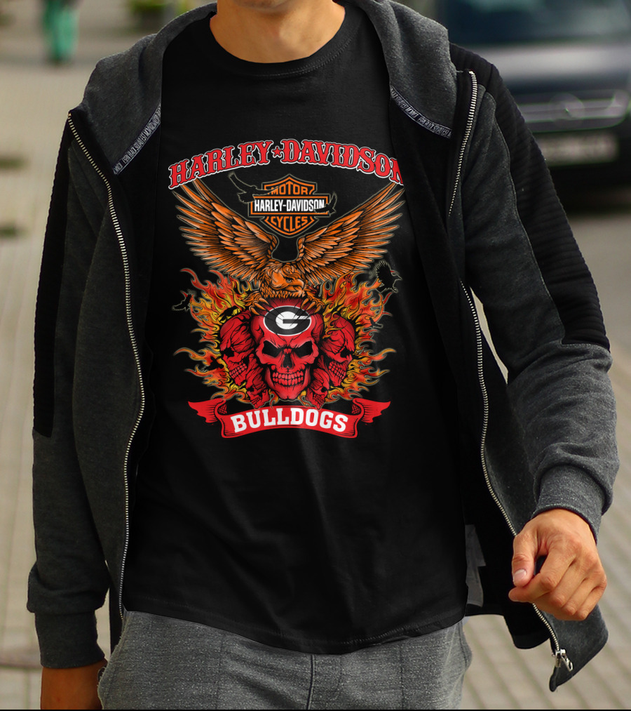 Harley Davidson Georgia Bulldogs Skull Fire Winged T-Shirt