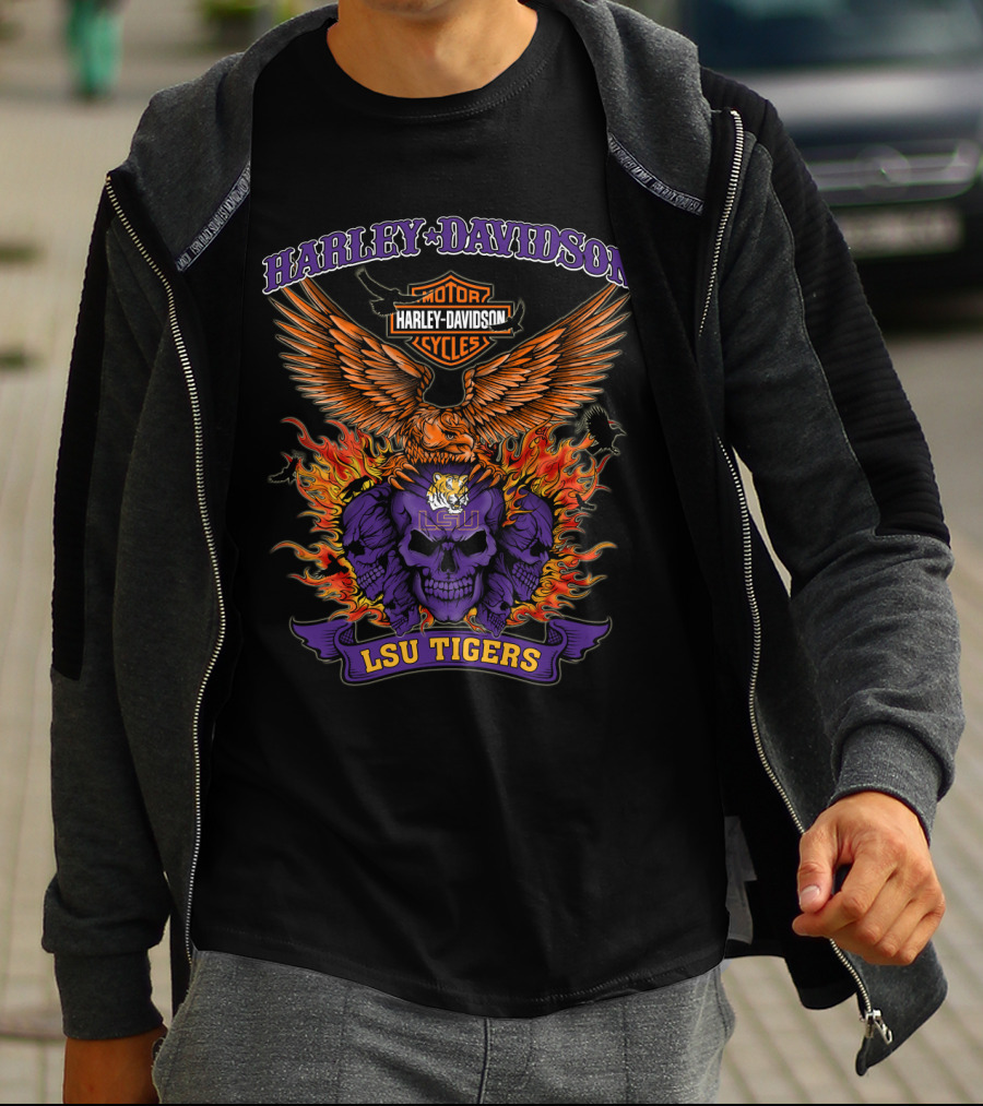 Harley Davidson Lsu Tigers Motorcycles Skull Flames 0304 Ncaa T-Shirt