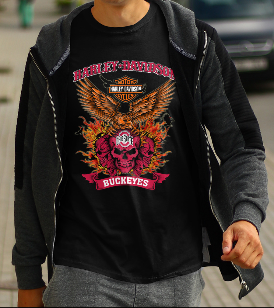 Harley Davidson Ohio State Buckeyes Skull Flames Eagle Wings T-Shirt