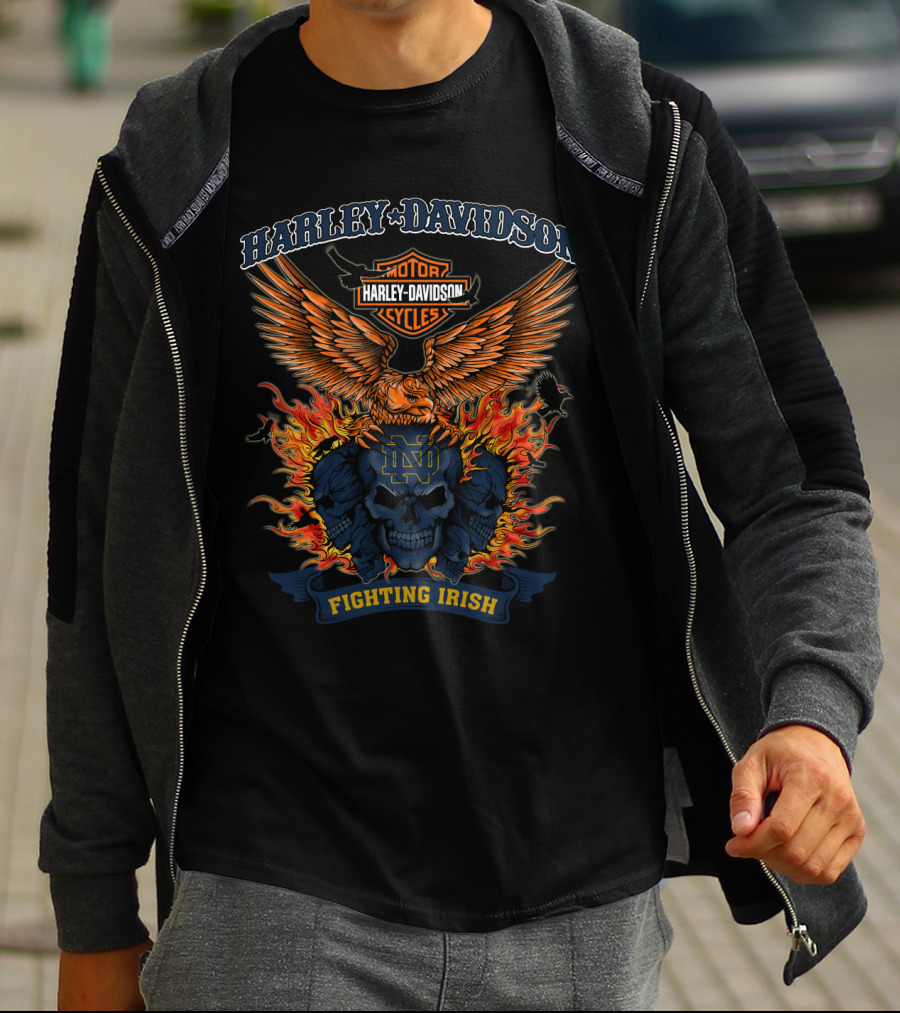 Harley Davidson Notre Dame Fighting Irish Skull And Flames T-Shirt