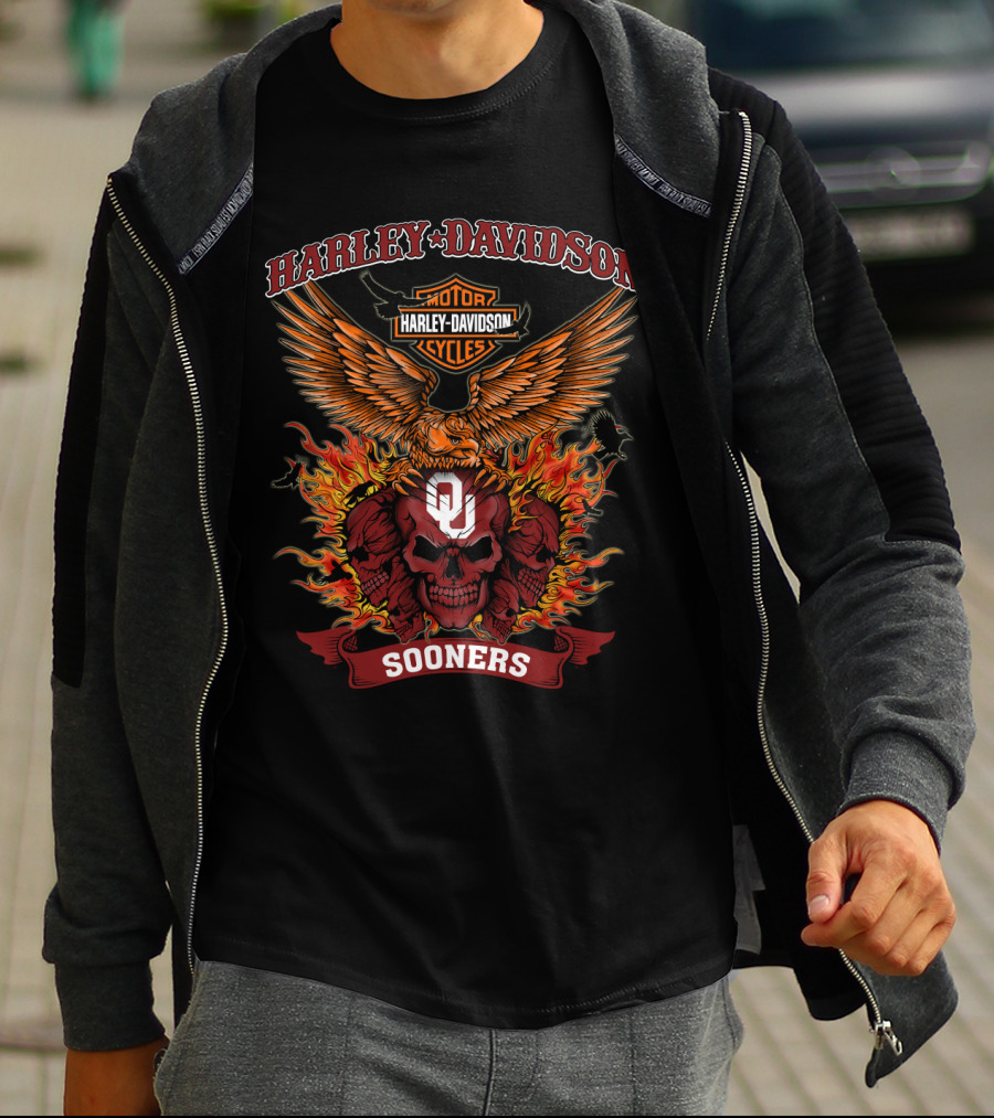 Harley Davidson Motorcycles Oklahoma Sooners Ou Skull Flame T-Shirt