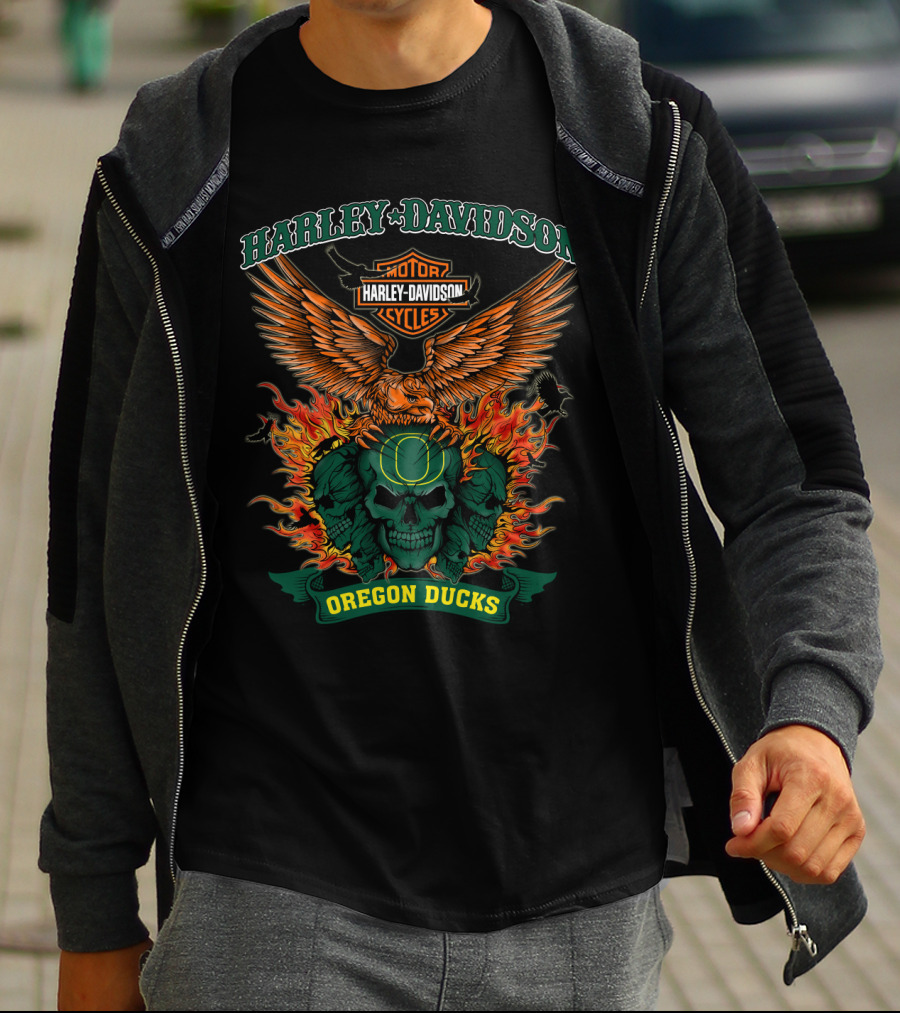 Harley Davidson Oregon Ducks Flaming Skull Eagle T-Shirt