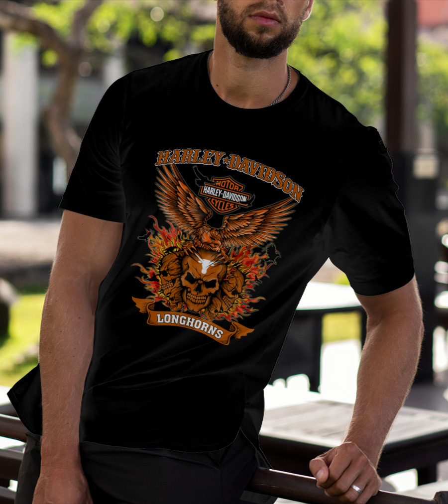 Harley Davidson Motor Cycles Longhorns Flaming Skull Eagle T-Shirt