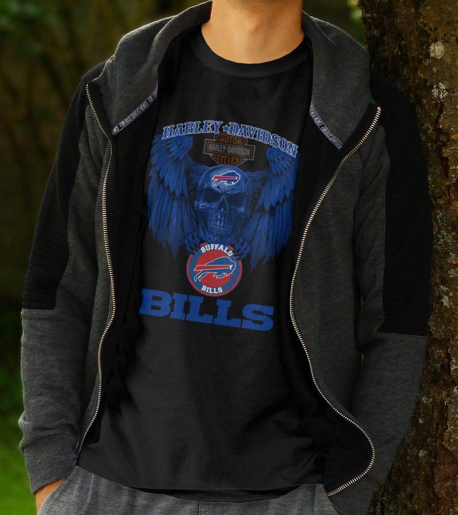 Harley Davidson Buffalo Bills Nfl Skull And Wings T-Shirt