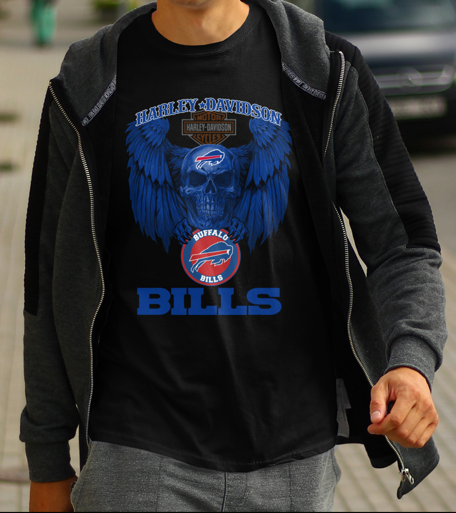 Harley Davidson Buffalo Bills Nfl Skull And Wings T-Shirt