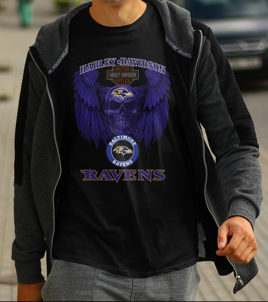 Harley Davidson Motor Cycles Baltimore Ravens Skull With Wings T-Shirt