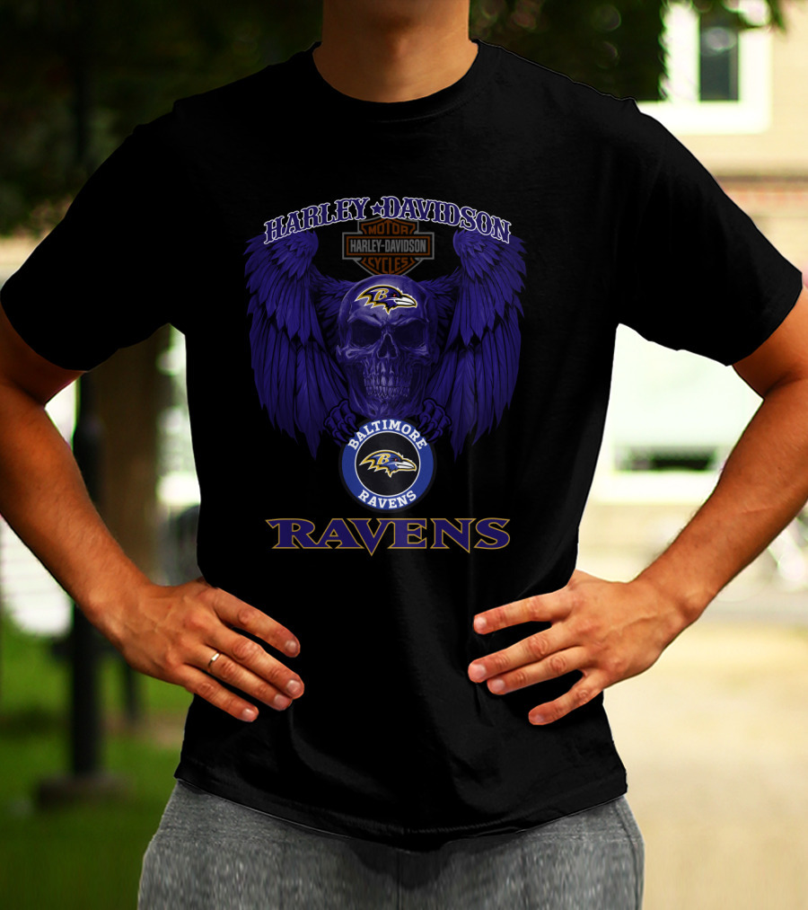 Harley Davidson Motor Cycles Baltimore Ravens Skull With Wings T-Shirt