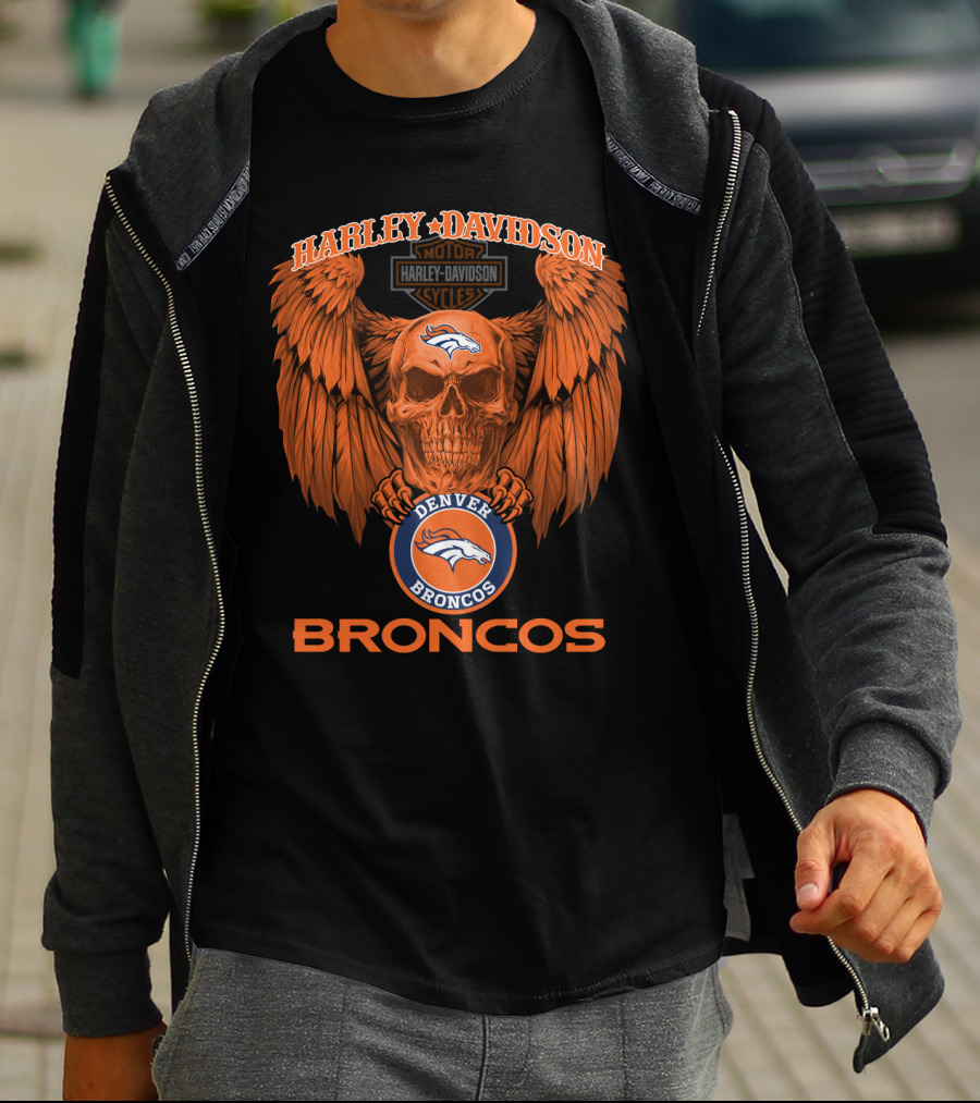 Harley Davidson Denver Broncos Nfl Skull Wings T-Shirt