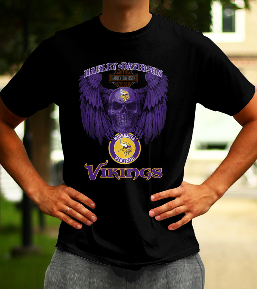 Harley Davidson Minnesota Vikings Motorcycles Purple Skull Wings T-Shirt