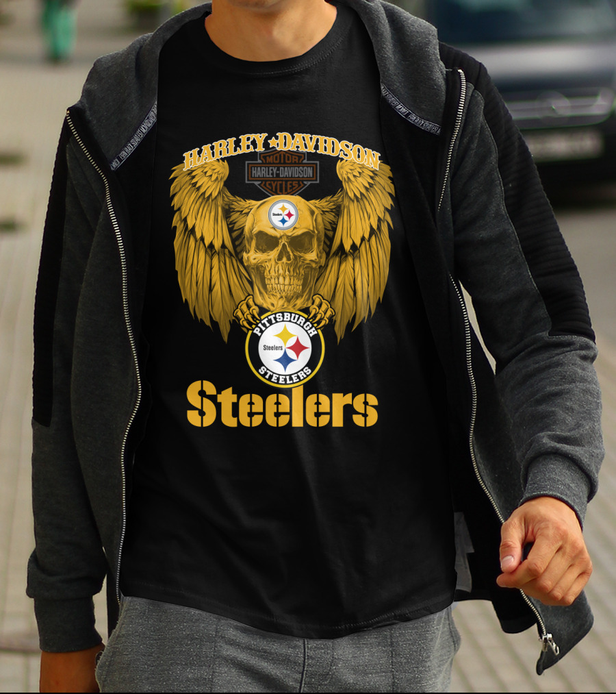 Harley Davidson Pittsburgh Steelers Skull Motor Cycles Winged T-Shirt